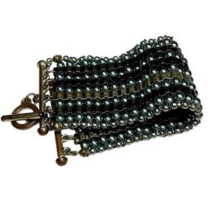 Beaded Cuff Bracelet About 7 Inch Grey Bronze Wide Multi Strand Toggle Clasp